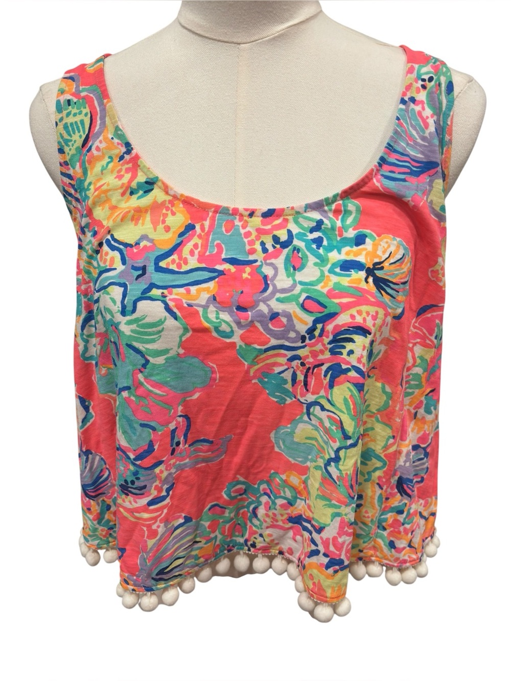 Lilly Pulitzer Shirley Tank Top – Medium – Island Seacret Coral Reef Pom Pom Hem